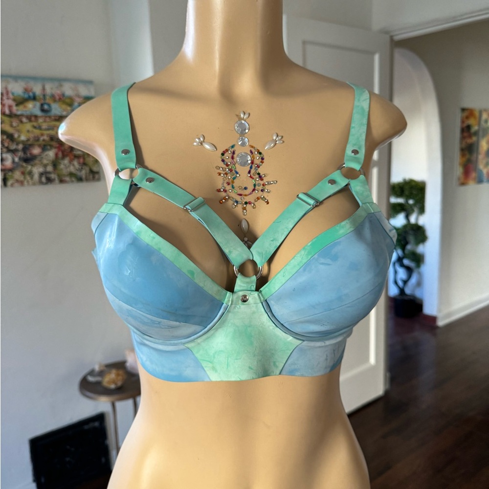 Pandora Deluxe blue and green latex bondage sexy bra